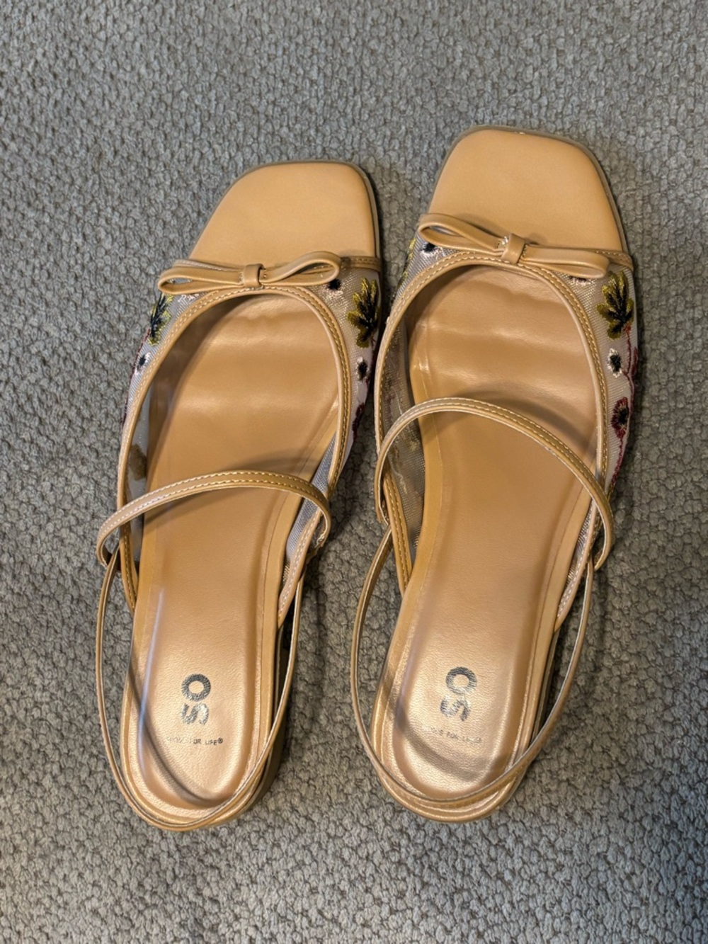 Beige Floral Embroidered Slingback Flats - Women